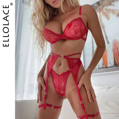 Ellolace Love Red Lingerie Sexy Bra And Panty Set 3-Pieces Luxury Lace Fancy Underwear Thongs Garters Erotic Intimate Set