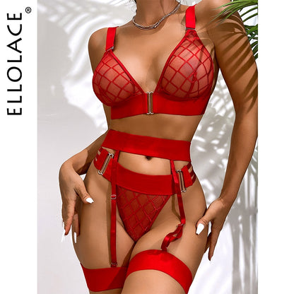 Ellolace Rhomboid Erotic Lingerie Sensual Sheer Exotic Costumes Transparent Bra Sexy Garters Porn Sissy Maid Outfit