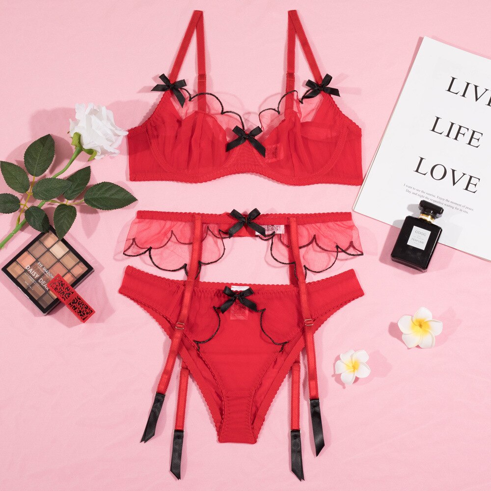 Sheer Lace Erotic Transparent Bra 3-Piece Red Sets