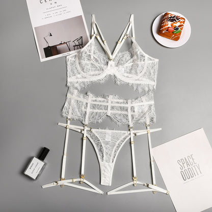 Erotic Sexy Lace Hollow Out Transparent Sets Bra and Panty Set with Garters