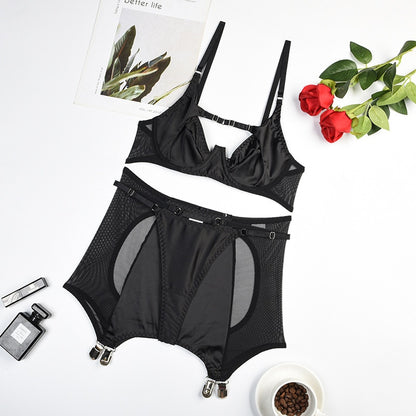 Silk Sexy Crotchless Garter 3-Piece Bra Kit Push Up Set