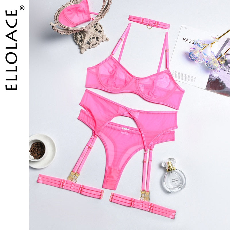 Set 4 Pieces Sexy Erotic Bra Garters Brief Sets Transparent Lace Blue