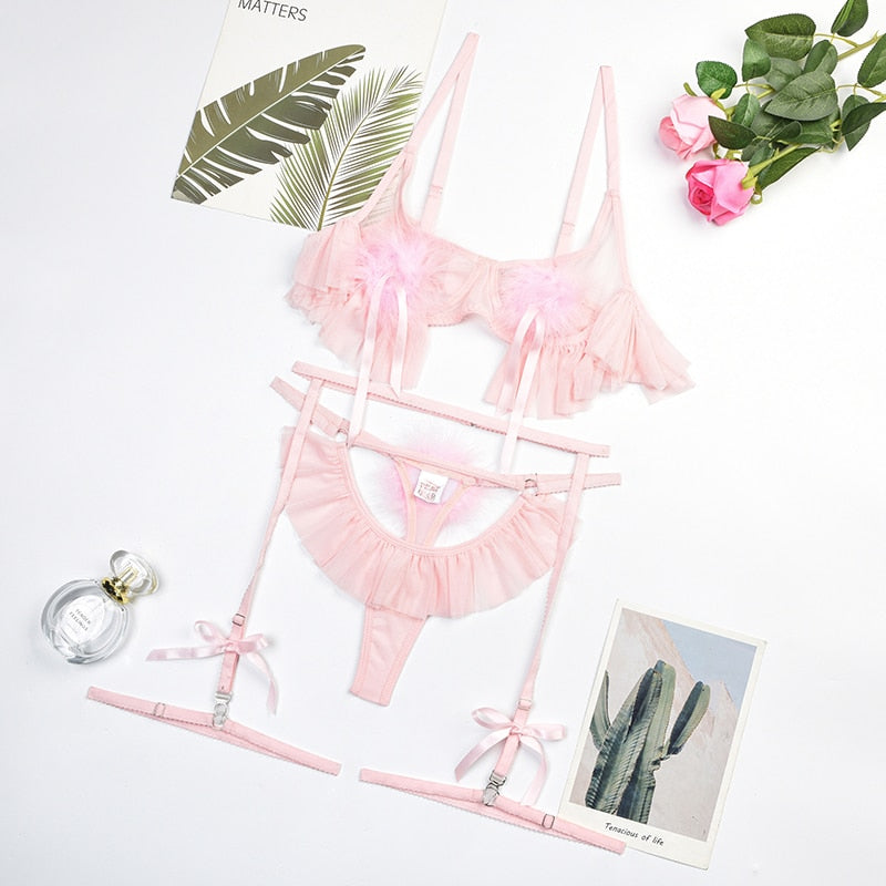 Sexy Feather Light Pink Ruffle Hollow Thongs Erotic Set 3 Pieces Fairy