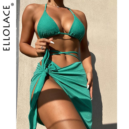 Glitter Swimwear With Cover Up Beach Brazilian Wrap Around Micro Bikini 3-Piece Padded Low Waist Swimming Sets