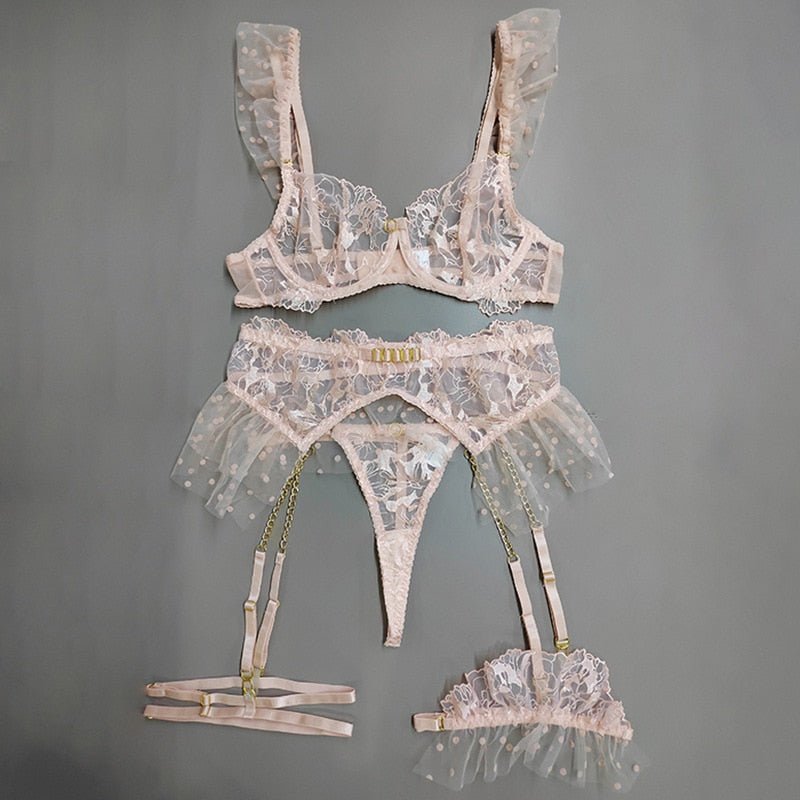 Ellolace Luxury Lace Lingerie Delicate Fancy Underwear Polka Dots Ruffles Transparent Sensual Exotic Sets With Garters 5-Pieces