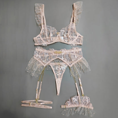 Ellolace Luxury Lace Lingerie Delicate Fancy Underwear Polka Dots Ruffles Transparent Sensual Exotic Sets With Garters 5-Pieces