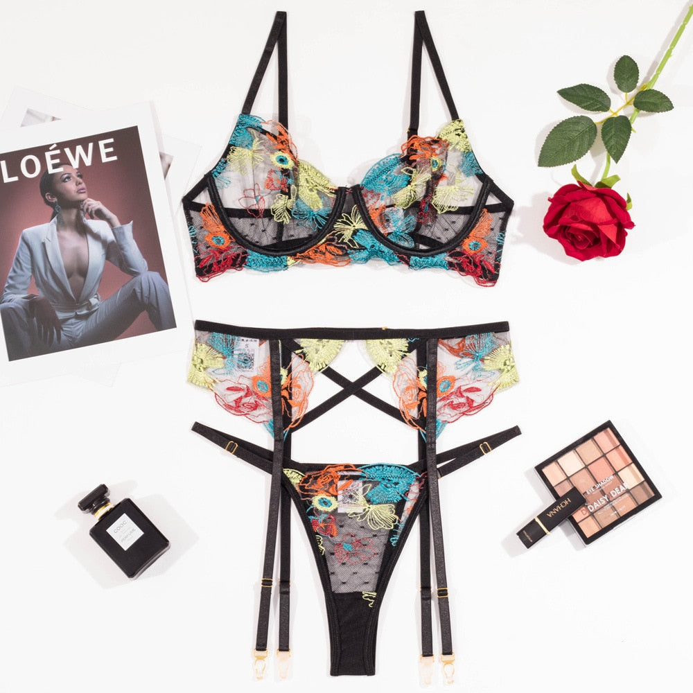 Floral Lace Bra Set with Garters