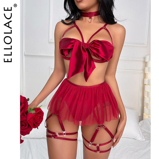 Ellolace Sensual Lingerie Bowknot Silk Underwear Open Bra Valentine Erotic Brief Sets Fancy Thongs Sissy Sexy Below Outfit