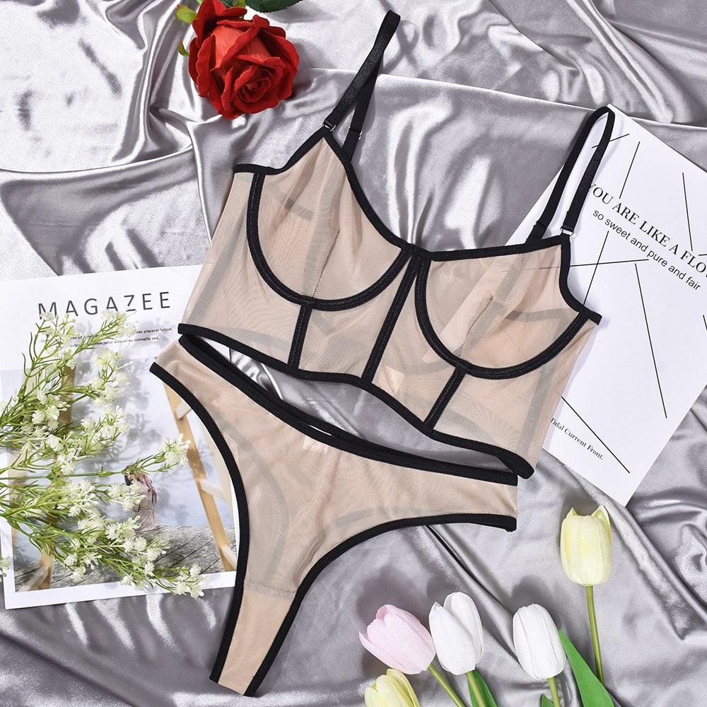 Ellolace Lace Lingerie Sexy Underwear Solid Seamless Set Woman 2 Pieces See Through Bra And Panty Set Intimate Bilizna Costume
