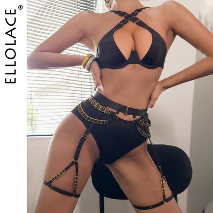 Ellolace Erotic Lingerie Luxury Cross Bra Push Up Intimate Fancy Garter Underwear 3-Piece Black Sexy Delicate Erotic Outfits