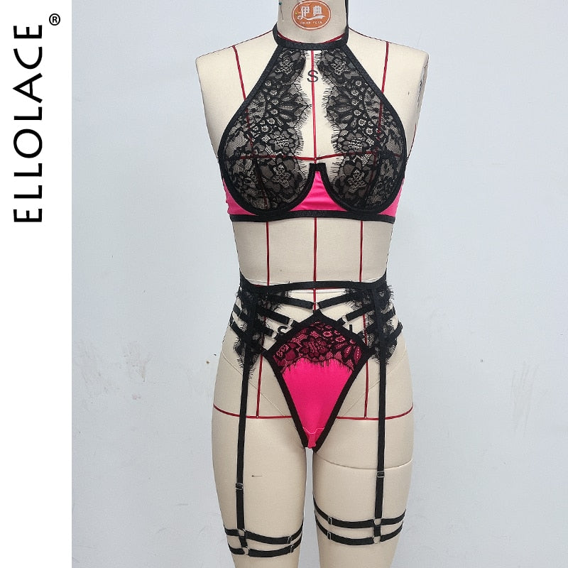 Halter Bra Garter 3-Piece Lace Fairy Sets Patchwork