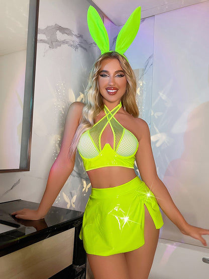 Ellolace Neon Latex Lingerie Fishing Net Cross Push Up Bra Skirt Leather Set Sexy Bunny Nightclub PVC Porn Sissy Girl Outfits