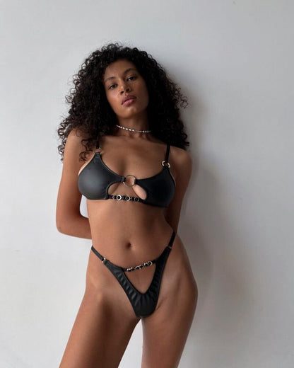 Leather Set Women 2 Piece Sexy Cut Out Wireless Round Ring Cupless Bra Set