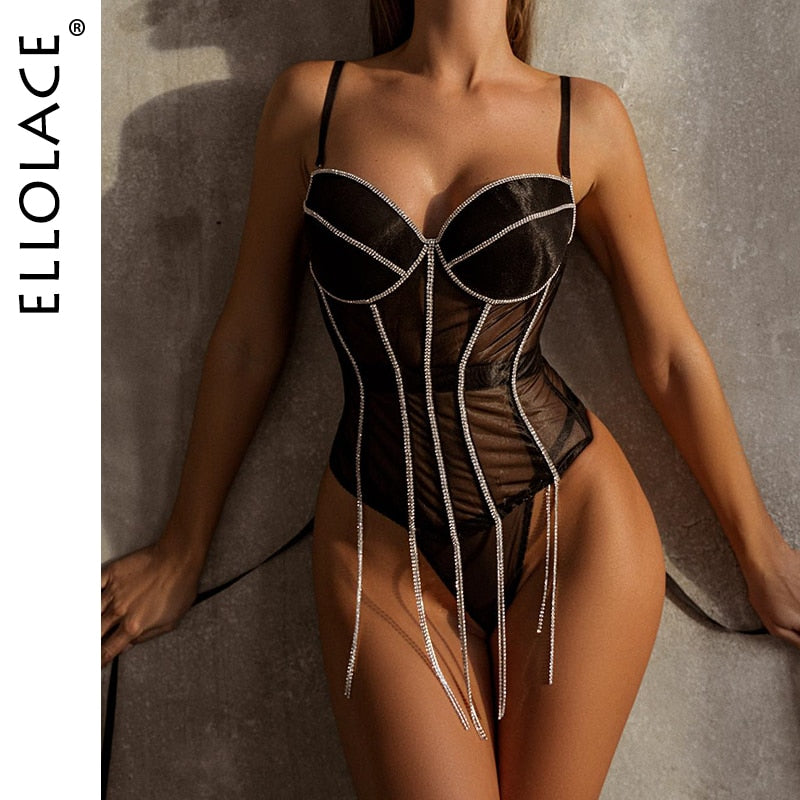 Ellolace Rhinestone Lingerie Corset Set Women 2 Piece Luxury Fancy Underwear Push Up Bra And Panty Set Fancy Glitter Intimate