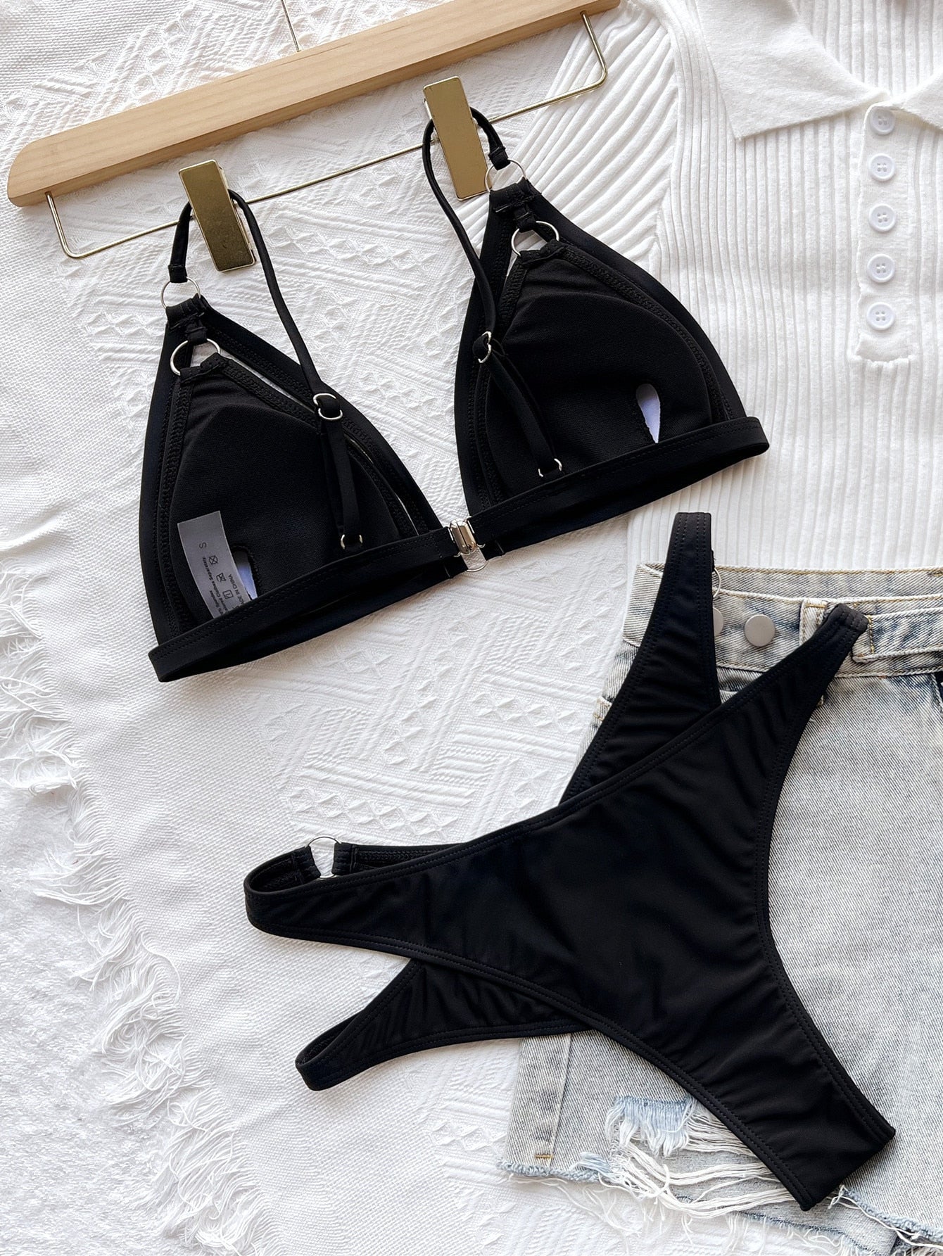 Sexy Swimsuit Hollow Out Bikinis Brazilian Solid Push Up Triangle Swimwear Black Beach Wear