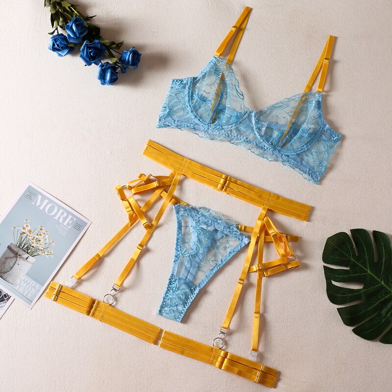 Ellolace Sexy Lingerie Transparent Bra Sexy Porn Underwear Women Body Fancy Intimate Luxury Lace Garters 5-Piece Fine Exotic Set