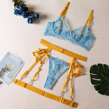 Ellolace Sexy Lingerie Transparent Bra Sexy Porn Underwear Women Body Fancy Intimate Luxury Lace Garters 5-Piece Fine Exotic Set