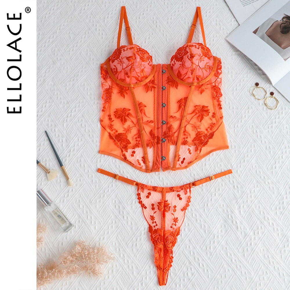 Ellolace Corset Lingerie Fancy Lace Underwear Transparent Embroidery Erotic Outfits Thongs Fitness Front Closure Orange 2-Pieces