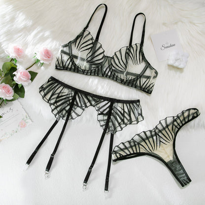 Ellolace Fancy Lingerie For Women Transparent Lace Embroidery Garter 3-Piece Sexy Underwear Sheer Bra Intimate Kits Bilizna Set