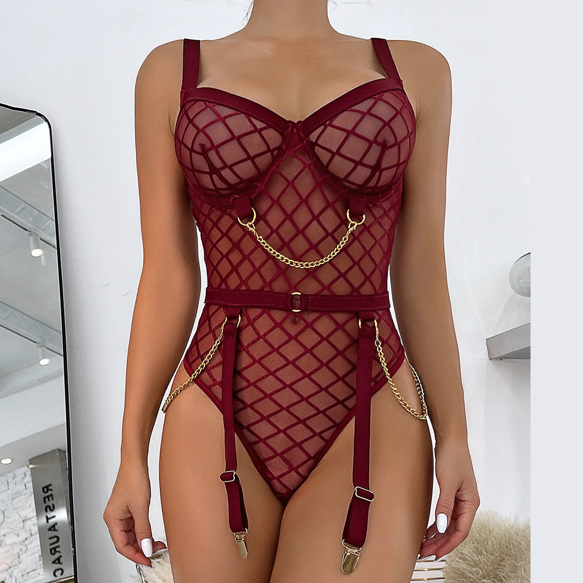 Plaid Bodysuit With Chain Open Crotchless Teddy Bear Transparent Lace Erotic Sexy
