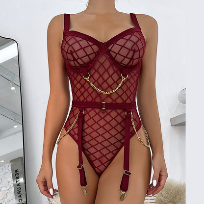 Plaid Bodysuit With Chain Open Crotchless Teddy Bear Transparent Lace Erotic Sexy