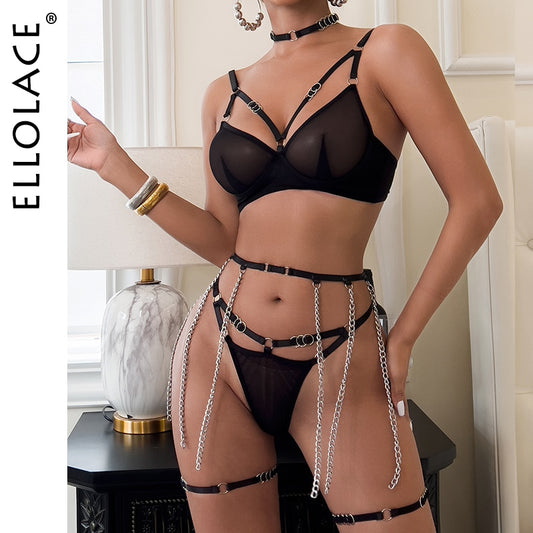 Ellolace Tassels Lingerie Transparent Lace Seamless Underwear Bra Kit Push Up Garter Belt See Through Intimate Erotic Sets