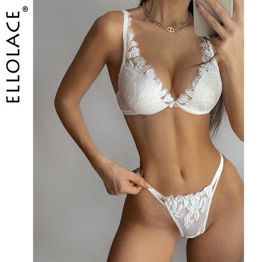 Lace Embroidery Sponge Push Up Bra Set Women 2 Piece White