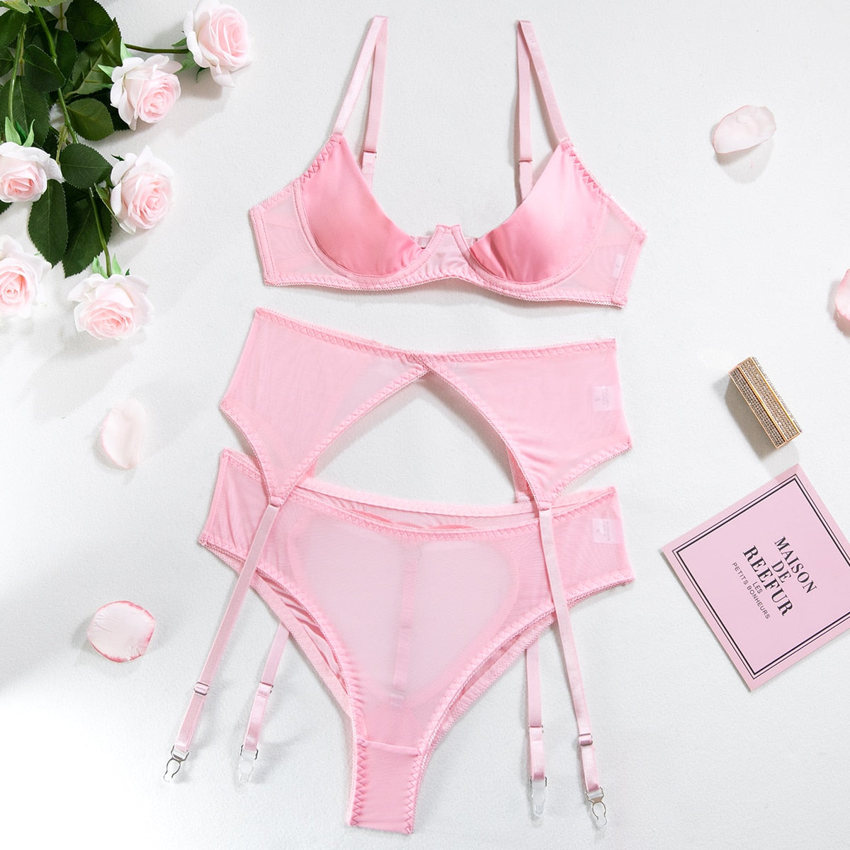 Erotic Open Bra Kit Push Up Sexy 3-Piece Heart Hollow Crotchless Panties Garter
