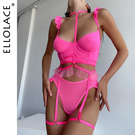 Ellolace Pink Ruffle Fancy Lingerie Seamless Bra Brief Sets Halter Garter Exotic Outfit See Through Sexy Intimate Kits 3-Piece