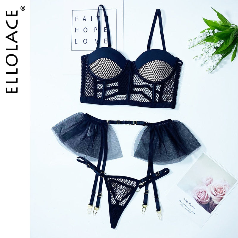 Ellolace Sexy Lingerie Sensual Fancy Underwear Ruffle Garter Belt Set 3-Piece Lace Padded Bra Delicate Luxury Erotic Sets