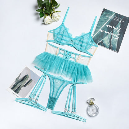 Ellolace Pink Bright Lingerie Erotic Female Underwear Ruffle Transparent Fancy Intimate Lace Garter Belt 3-Piece Exotic Sets