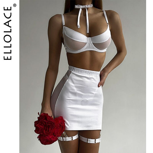Ellolace Sensual Lingerie See Through Garter Dress Fancy Underwear Seamless Bra Kit Push Up Intimate Sheer Lace Exotic Sets