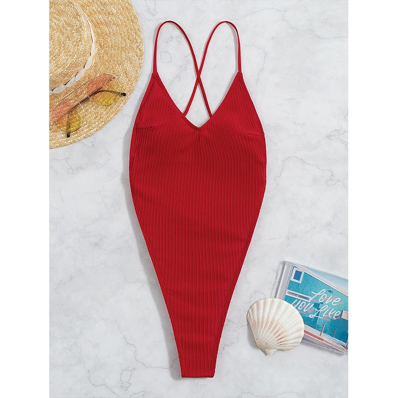 One-Piece Thong Swimsuit High Cut Backless Monokini Solid Whole Swimwear Ribbed Bikini Sexy Harajuku Bathing Suit