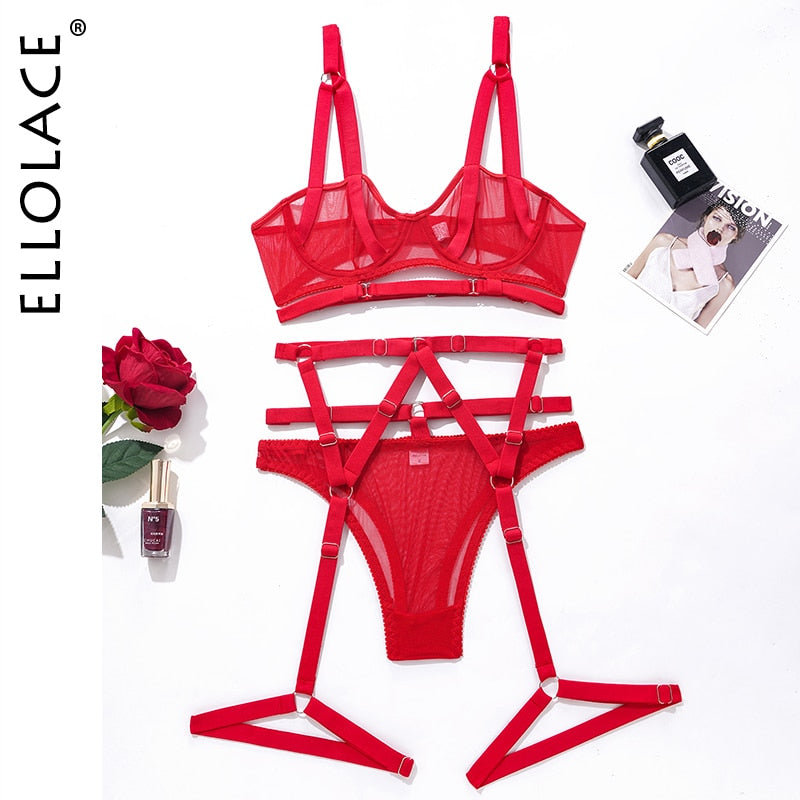 Sheer Lace Bandage Transparent Erotic 3-Piece Set Bra Garters Briefs Sexy