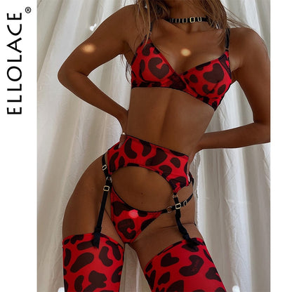 Leopard With Stocking Sexy Women Lace Bra Thongs