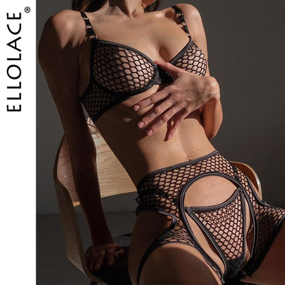 Ellolace Fishnet Lingerie Transparent Sensual Exotic Sets See Through Bra Kit Push Up 3-Piece Sissy Garter Belt Black Intimate