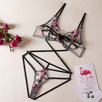 Erotic Transparent Bra Set Women 2 Piece Sets Floral Crotchless