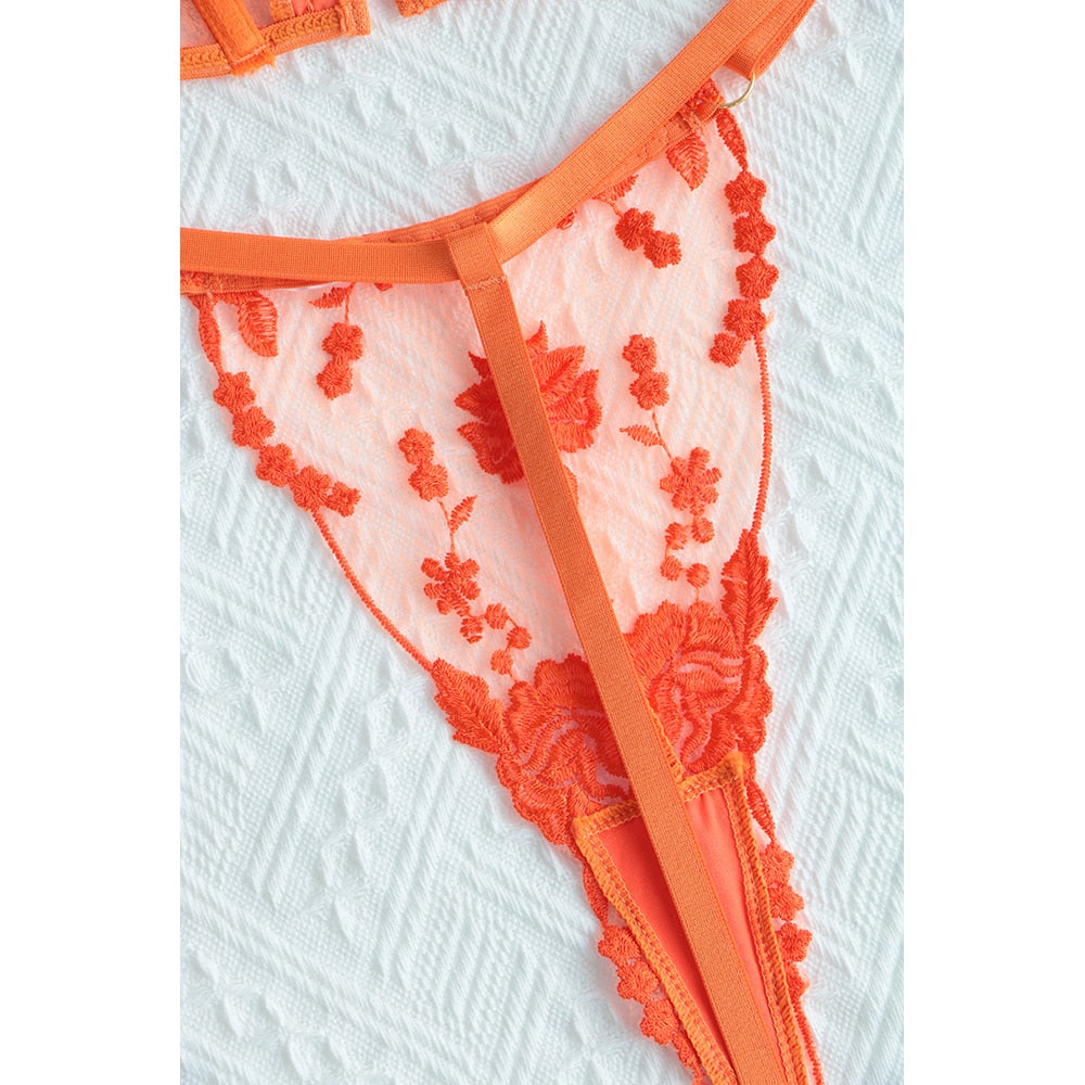Ellolace Corset Lingerie Fancy Lace Underwear Transparent Embroidery Erotic Outfits Thongs Fitness Front Closure Orange 2-Pieces