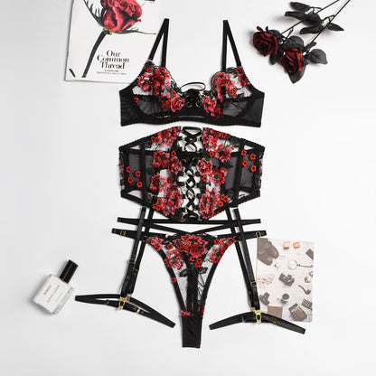 Sexy Embroidery Bandage Sets Garters Briefs 3-Piece Whuta Erotic