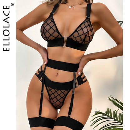 Ellolace Rhomboid Erotic Lingerie Sensual Sheer Exotic Costumes Transparent Bra Sexy Garters Porn Sissy Maid Outfit
