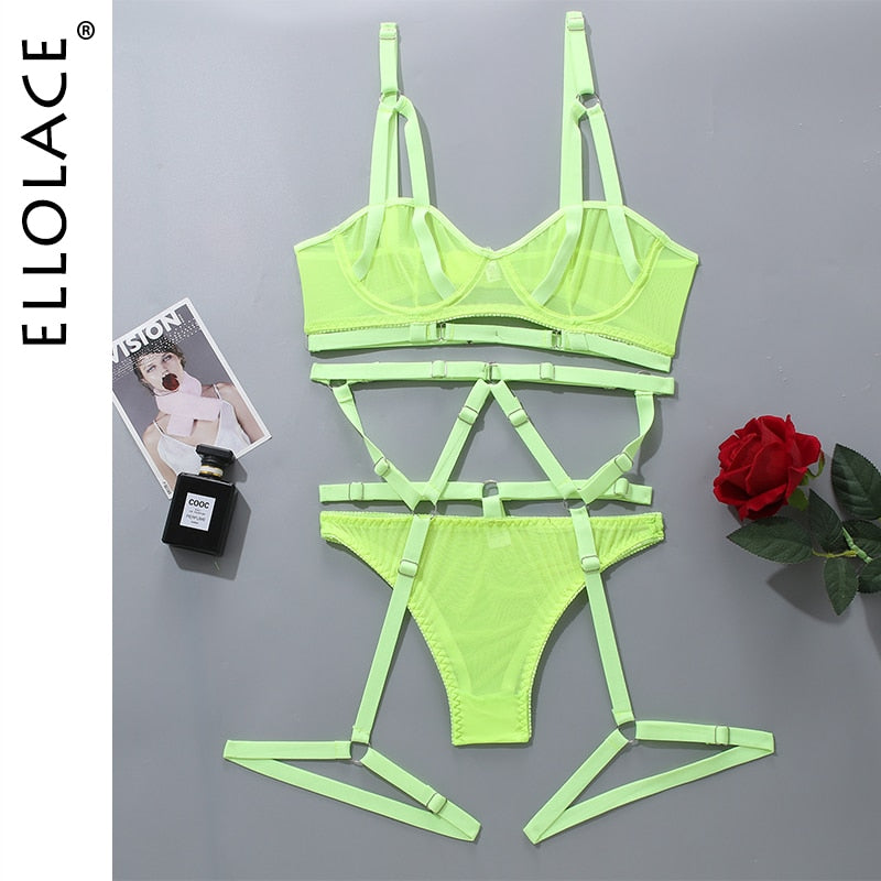 Sheer Lace Bandage Transparent Erotic 3-Piece Set Bra Garters Briefs Sexy