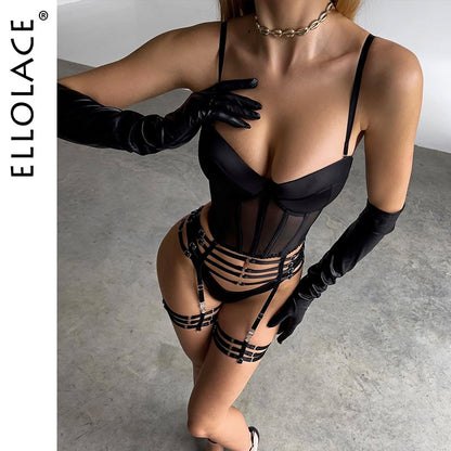 Ellolace Corset Lingerie Bra Kit Push Up Fine Underwear 4-Piece Satin Luxury Lace Erotic Intimate Sexy Seamless Black Outfits