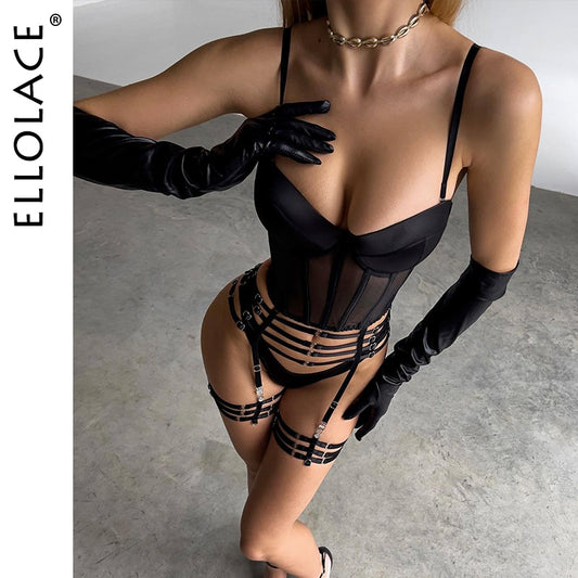 Ellolace Corset Lingerie Bra Kit Push Up Fine Underwear 4-Piece Satin Luxury Lace Erotic Intimate Sexy Seamless Black Outfits