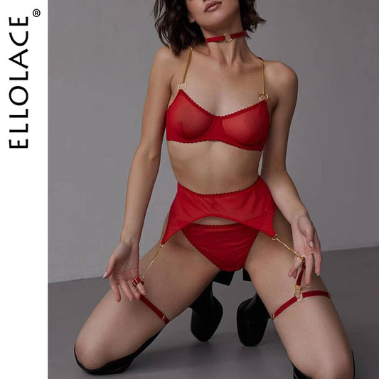 Ellolace Lingerie Seamless Female Underwear With Chain Strap Red Hot Sexy Intimate Luxury Garter Suit Solid Fine Linen Sets