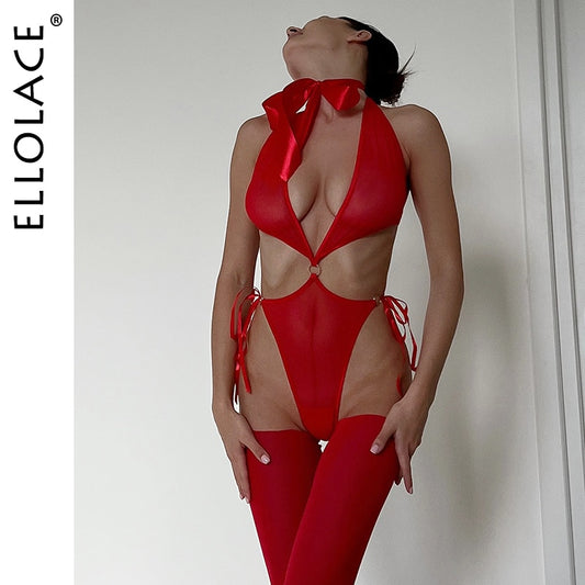 Ellolace One Piece Halter Bodysuit Hollow Patchwork Uncensored Sexy Top See through Mesh Backless Body Red Seamless Tight