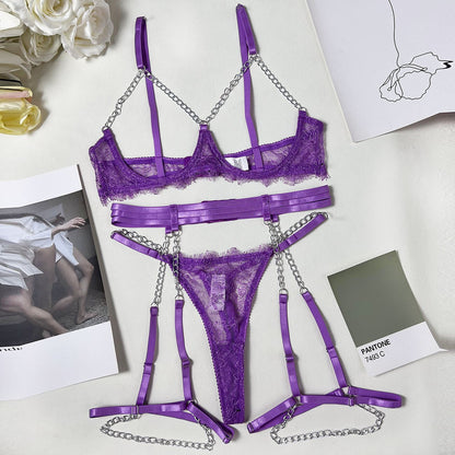 Cut Out Bra Sets Sexy Garter With Chain g-Strings Thongs Fetish 3-Piece