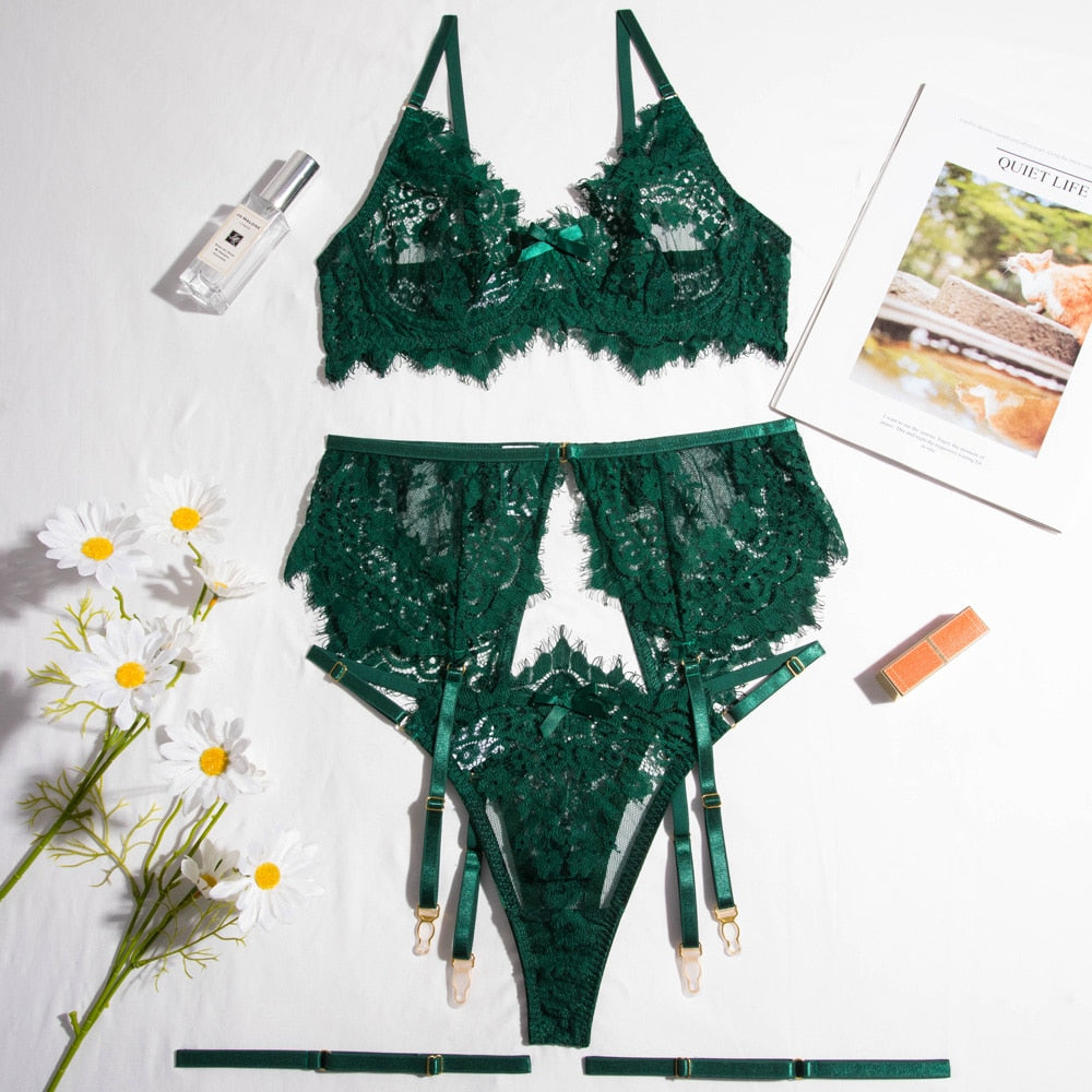 Lencería de encaje Sexy para mujer, conjunto de ropa interior transparente de color verde cazador, sujetador sin costuras y ligas íntimas, 3 piezas