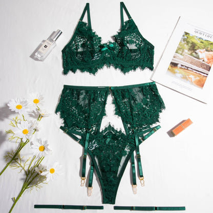 Lencería de encaje Sexy para mujer, conjunto de ropa interior transparente de color verde cazador, sujetador sin costuras y ligas íntimas, 3 piezas