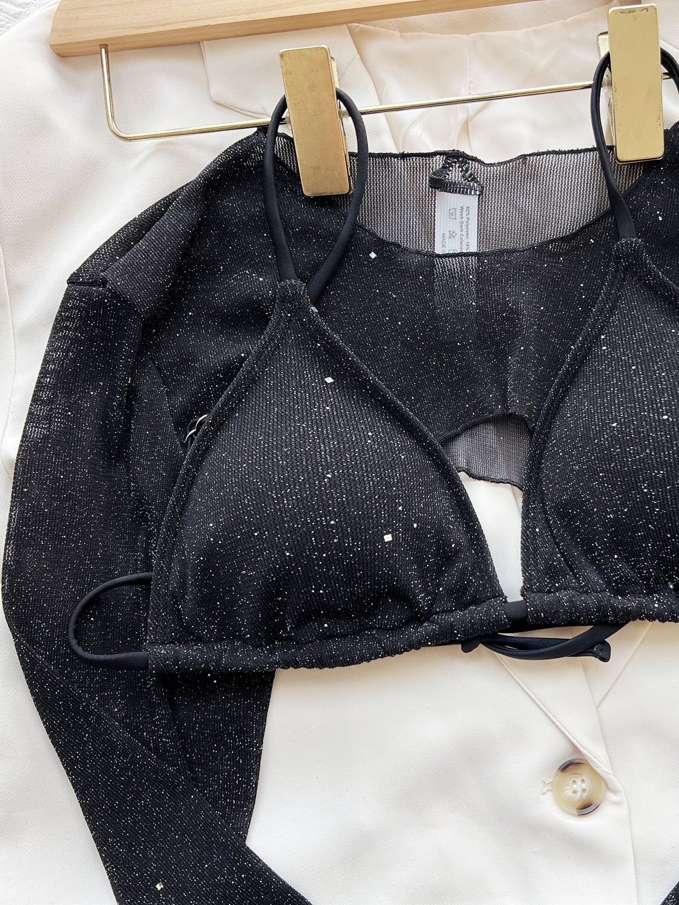 Micro Erotic Swimsuit New Black Glitter Separate Swimwear And Crop Top Long Sleeve Harajuku Full Bikini