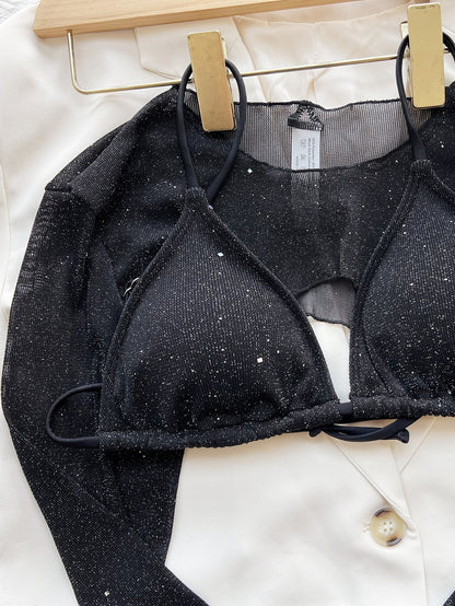 Micro Erotic Swimsuit New Black Glitter Separate Swimwear And Crop Top Long Sleeve Harajuku Full Bikini